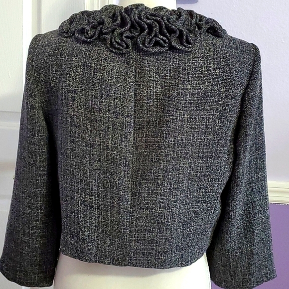 Danny & Nicole Charcoal Lettuce Ruffled Neck Long Sleeve Career Cropped Jacket - Picture 4 of 12